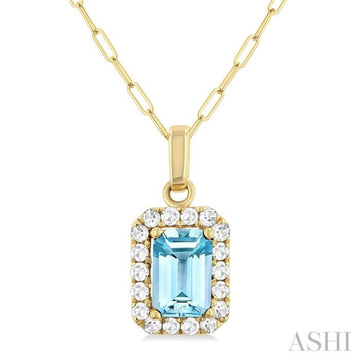 6x4 MM Octagonal Shape Aquamarine and 1/6 Ctw Round Cut Diamond Halo Semi-Precious Pendant with Chain in 14K Yellow Gold